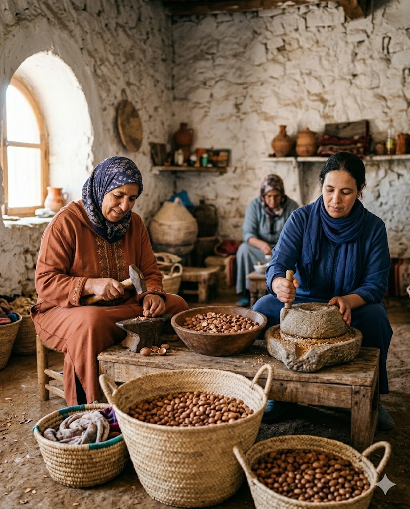 Berber women hand-processing argan kernels in a cooperative